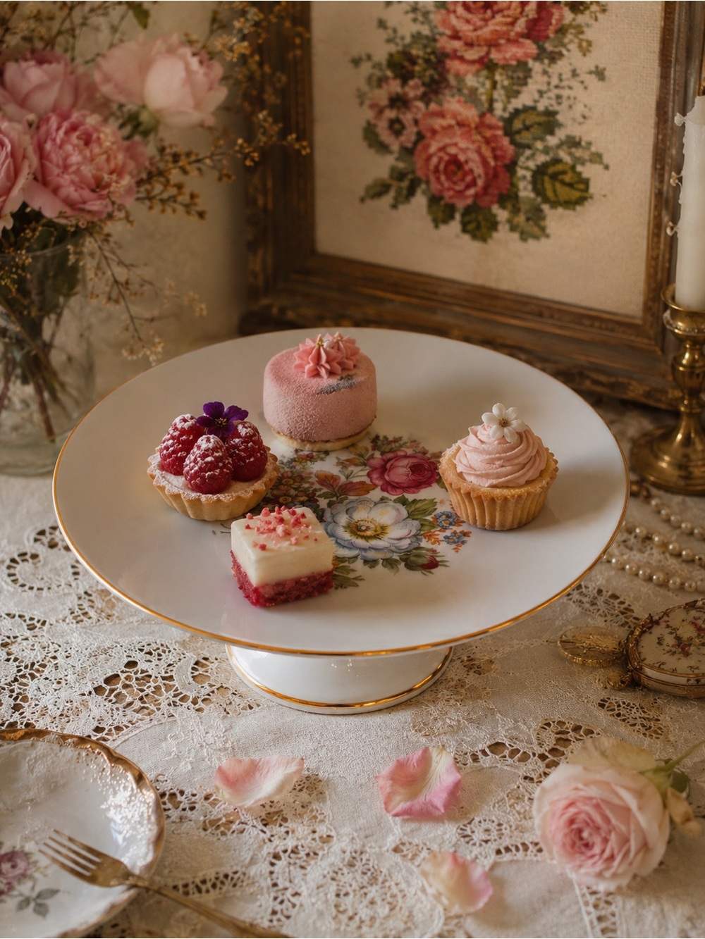 Vintage Germany Bavarian Floral Cake Stand | Porcelain Pedestal Dessert Stand